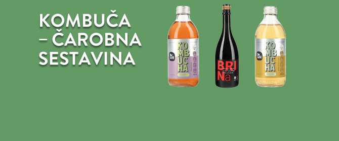 Napis KOMBUČA, ČAROBNA SESTAVINA, ter trije napitki iz kombuče znamke BELIFE