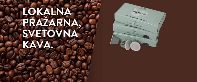 Embalaža BLEND ME UP kapsul, ter napis LOKALNA PRAŽARNA, SVETOVNA KAVA