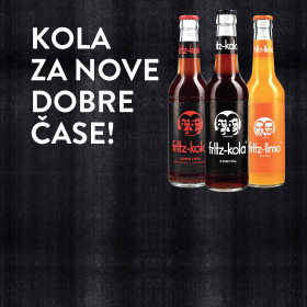 Napis KOLA ZA NOVE DOBRE ČASE ter tri pijače FRITZ KOLA