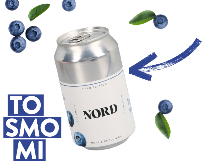 NORD gazirana alkoholna pijača, okus meta in borovnica in logotip TO SMO MI