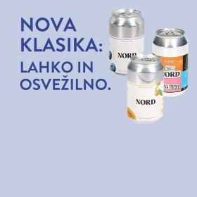 Napis NOVA KLASIKA: lahko in osvežilno ter tri pijače NORD