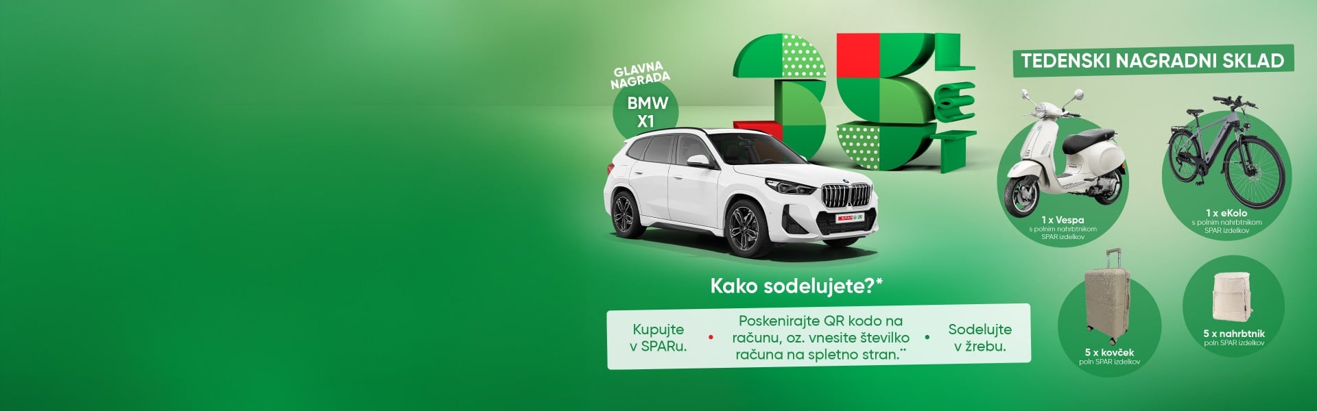 🎁 VELIKA SPAR NAGRADNA IGRA 🎁Ko praznujemo, praznujemo na veliko. 🎉 Ob naši 35. letnici smo  pripravili veliko nagradno igro, v kateri se lahko poteguješ za glavno nagradno - BMW X1 🚗 - in druge nore tedenske nagrade. 🛵🚲Kako sodeluješ?👉 V trgovinah SPAR, INTERSPAR, SPAR Partner in Restavracijah INTERSPAR opravi nakup v vrednosti vsaj 10 €, poskeniraj QR kodo na računu oz. vnesi številko računa na spletno stran ter sodeluj v bogatih tedenskih žrebanjih. 🥳V SPARu že 35 let slavimo vas, ki vam je mar. 💚Preveri več tukaj: https://spar35let.si/