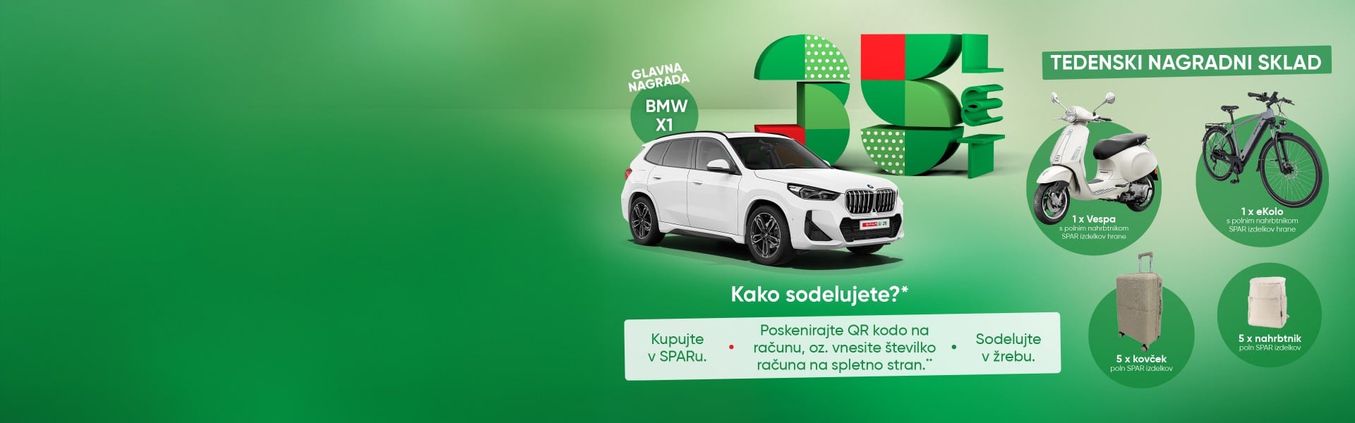 🎁 VELIKA SPAR NAGRADNA IGRA 🎁Ko praznujemo, praznujemo na veliko. 🎉 Ob naši 35. letnici smo  pripravili veliko nagradno igro, v kateri se lahko poteguješ za glavno nagradno - BMW X1 🚗 - in druge nore tedenske nagrade. 🛵🚲Kako sodeluješ?👉 V trgovinah SPAR, INTERSPAR, SPAR Partner in Restavracijah INTERSPAR opravi nakup v vrednosti vsaj 10 €, poskeniraj QR kodo na računu oz. vnesi številko računa na spletno stran ter sodeluj v bogatih tedenskih žrebanjih. 🥳V SPARu že 35 let slavimo vas, ki vam je mar. 💚Preveri več tukaj: https://spar35let.si/