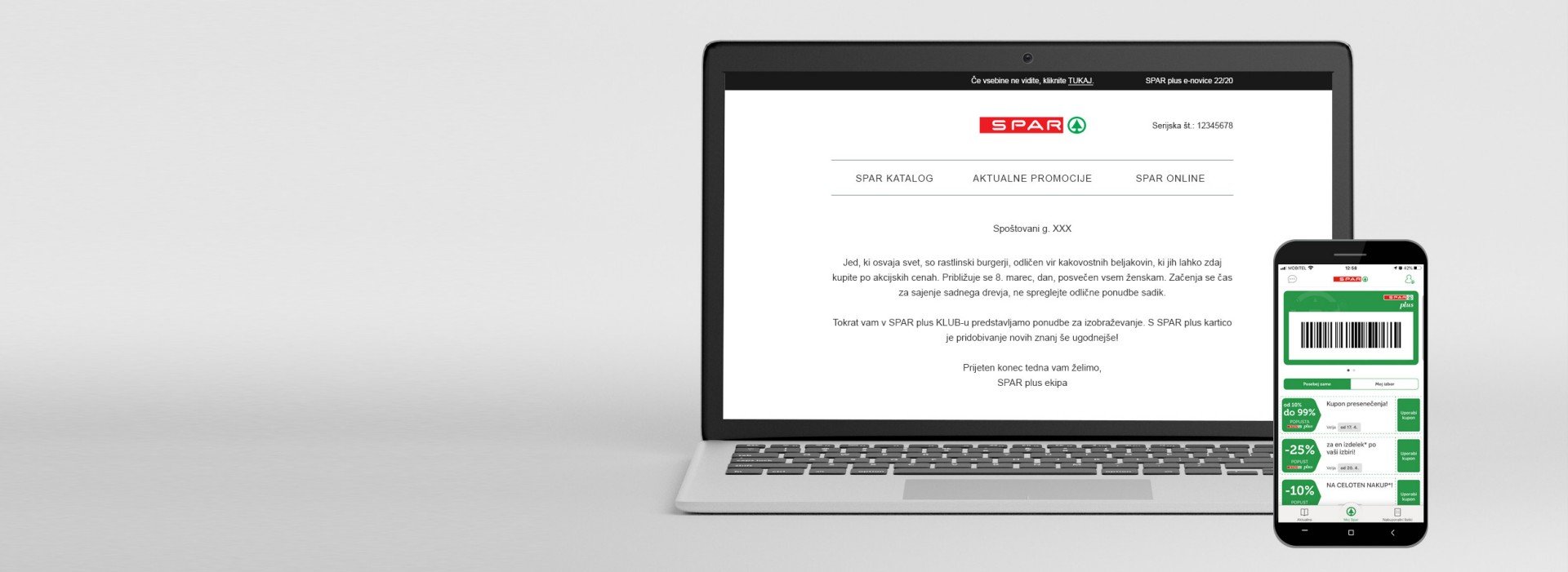 SPAR plus kartica, obveščanje o vseh ugodnostih Računalnik in telefon s SPAR vsebinami