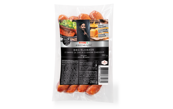 SPAR PREMIUM BBQ KLOBASA Z OMAKO ZA ŽAR IN S SIROM CHEDAR 