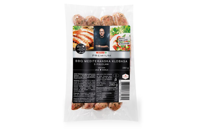SPAR PREMIUM BBQ mediteranska klobasa s pinjolami po receptu Michelinovega chefa Uroša Štefelina.