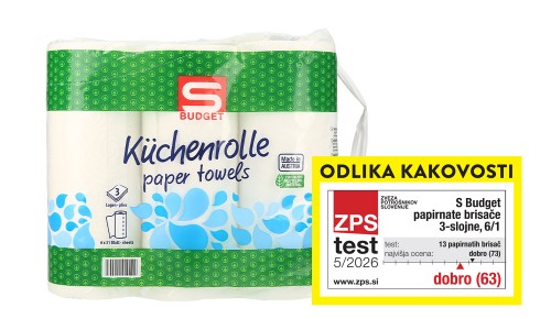 S BUDGET papirnate brisače, 3 slojne, 6/1 - odlika kakovosti, ZPS test