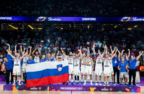Team Slovenia celebrating at Trophy ceremony after winning during the Final basketball match between National Teams  Slovenia and Serbia at Day 18 of the FIBA EuroBasket 2017 and become Europen Champions 2017, at Sinan Erdem Dome in Istanbul, Turkey on September 17, 2017. Photo by Vid Ponikvar / Sportida