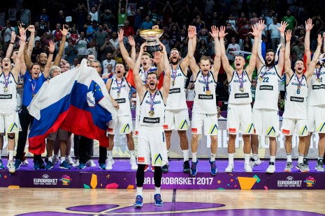 Goran Dragic of Slovenia with a Trophy and other players of Slovenia celebrating at Trophy ceremony after winning during the Final basketball match between National Teams  Slovenia and Serbia at Day 18 of the FIBA EuroBasket 2017 when Slovenia became European Champions 2017, at Sinan Erdem Dome in Istanbul, Turkey on September 17, 2017. Photo by Vid Ponikvar / Sportida