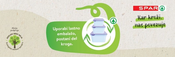 Slogan Kar kroži, nas povezuje, plastične posodice, ki sporočajo, da v Sparu lahko nakupuješ z lastno embalažo