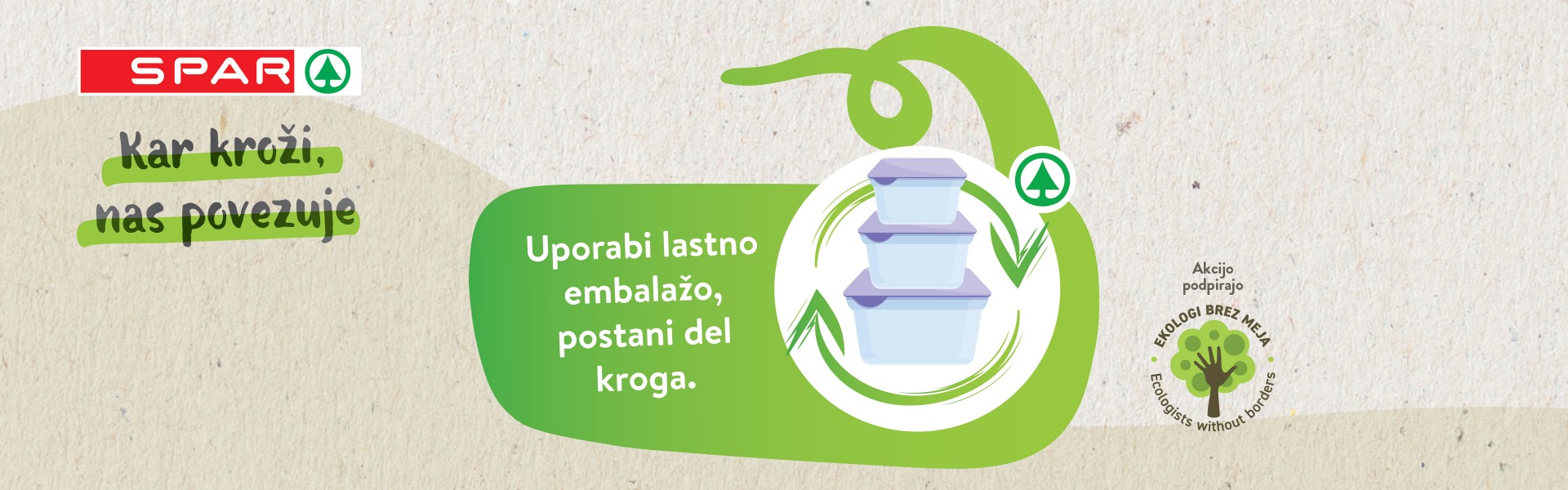 Kar kroži, nas povezuje - uporabi lastno embalažo Slogan Kar kroži, nas povezuje, plastične posodice, ki sporočajo, da v Sparu lahko nakupuješ z lastno embalažo