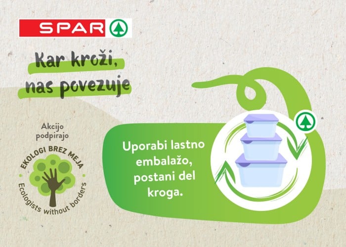 Slogan Kar kroži, nas povezuje, plastične posodice, ki sporočajo, da v Sparu lahko nakupuješ z lastno embalažo